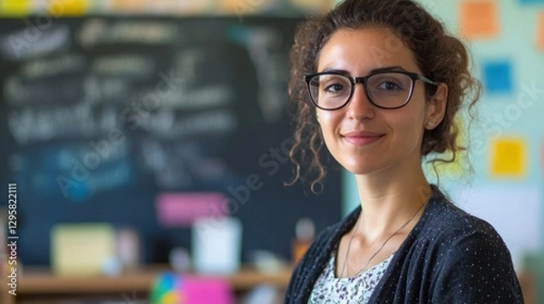 Fototapeta Smiling young woman with curly hair and glasses posing in front of a classroom blackboard filled with educational notes and colorful sticky notes