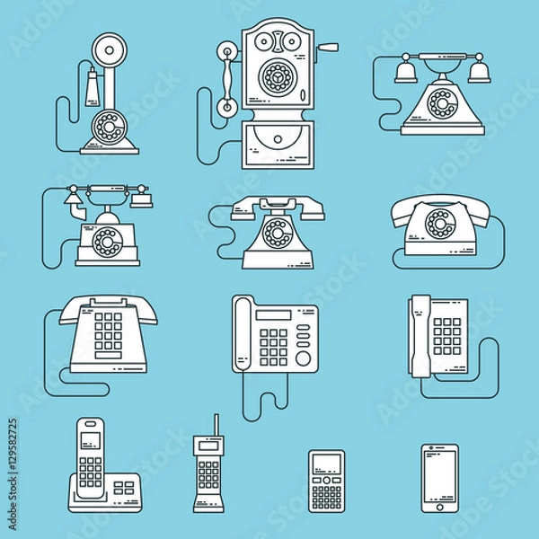 Fototapeta Vector illustration of evolution of communication devices from classic phone to modern mobile phone. Retro vintage icons set. Cell symbols silhouettes isolated. Line style