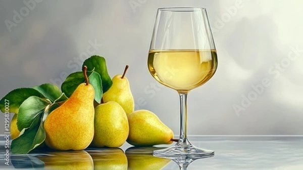 Obraz Ripe Pears and a Glass of Light Yellow Wine on Reflective Surface