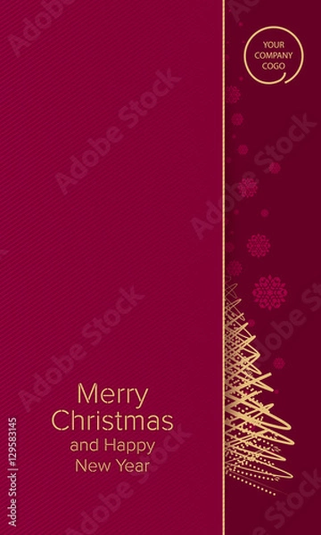 Fototapeta Merry Christmas greetings card vertical with snowflakes, dark red background and golden geometric Christmas tree