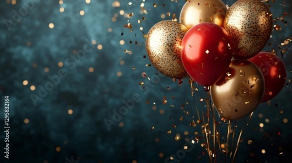 Obraz Red and gold balloons floating with falling confetti on dark background