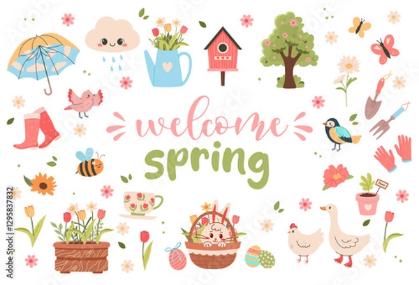 Fototapeta Welcome spring elements collection - big stickers set with cute birds, flowers, butterflies, Easter eggs and decorations. Hand drawn flat cartoon elements. Vector illustration