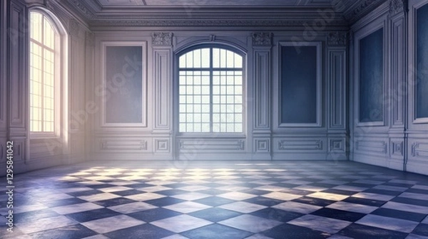 Fototapeta A serene and elegant empty room featuring large windows that allow ample daylight to illuminate the classic architecture and beautiful checkerboard flooring.