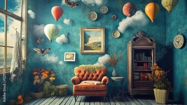 Fototapeta A whimsical and imaginative room with blue walls adorned with several paintings, a sofa facing the viewer, and floating clouds and balloons, creating a playful and dreamy atmosphere filled with childl