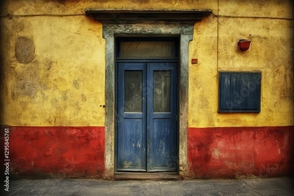 Fototapeta Old blue door, weathered wall, urban street, vintage feel, design texture