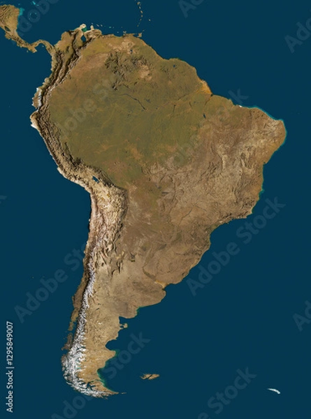 Fototapeta 3D illustration of a highly detailed map of South America. Satellite view. Elements of this image furnished by NASA.