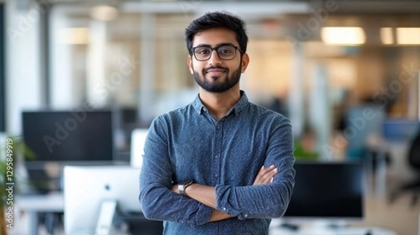 Fototapeta Confident young professional man standing with arms crossed in modern office environment with computers and natural light in background