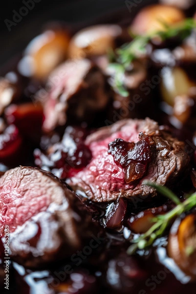 Fototapeta Poronkäristys – Finnish Sautéed Reindeer with Caramelized Onions and Lingonberries