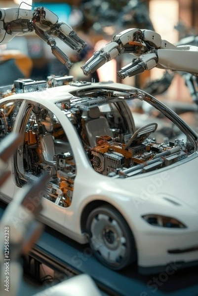 Fototapeta Futuristic self-assembling vehicle concept showcased by robotic arms in technology industry environment