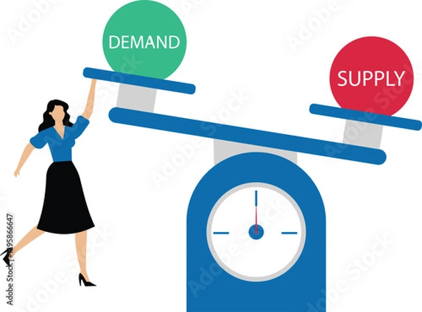 Fototapeta Supply and demand with seesaw showing high demand and low supply, businesswoman try to make it in balance or equilibrium for global