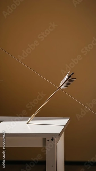 Obraz Arrow on white table and beige background