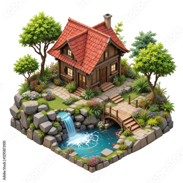 Obraz Charming Rustic Cottage with Lush Garden and Waterfall in a Serene Forest Setting
