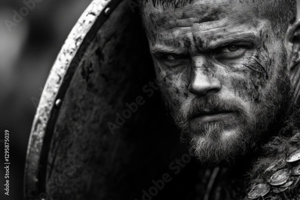 Fototapeta Warrior in battle armor displays intense expression during reenactment event in autumn