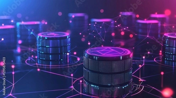 Fototapeta Neon Cryptocurrency Digital Coins with Abstract Technology Background