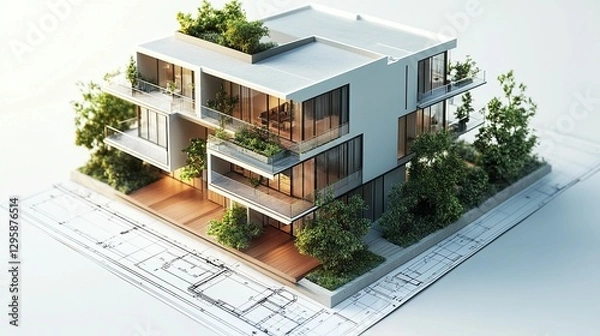 Obraz Modern apartment building 3D model on architectural blueprints.
