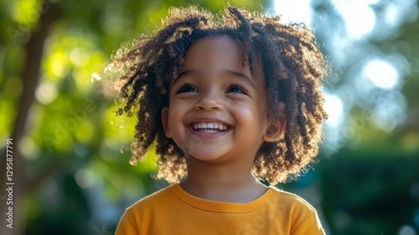 Fototapeta A cheerful child with delightful curls smiles broadly while enjoying the sunny day. Surrounded by lush greenery, the scene radiates happiness and innocence, capturing a moment of pure joy