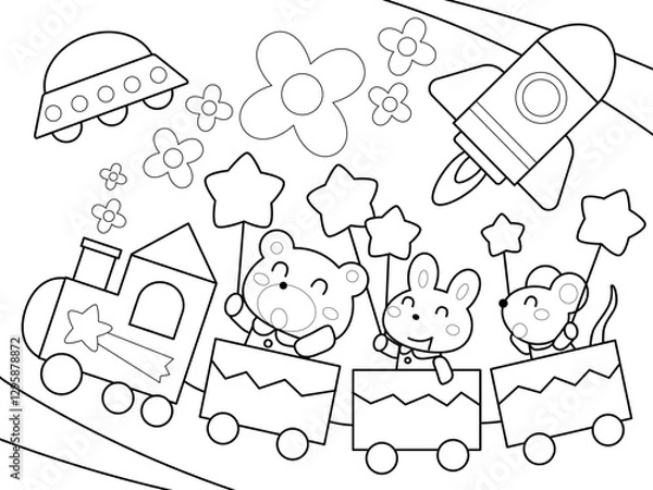 Obraz 楽しい乗り物と動物たちの塗り絵