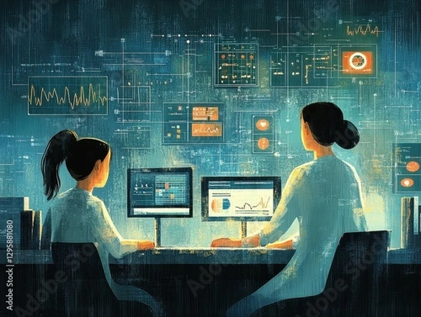 Obraz Scientists analyzing data on computer screens.