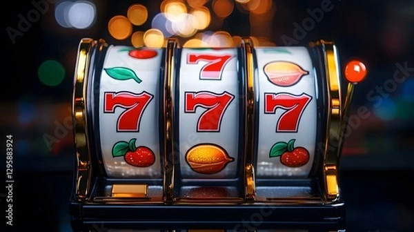 Fototapeta Vibrant slot machine displaying a lucky number seven surrounded by colorful casino lights and excitement