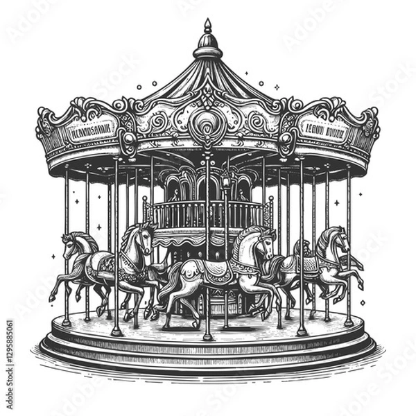 Obraz Vintage Carousel with Horses vector illustration
