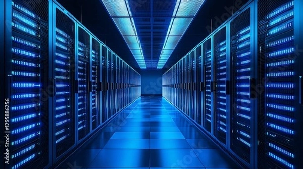 Fototapeta Blue Lit Server Room with Rows of Data Storage Cabinets and Cables
