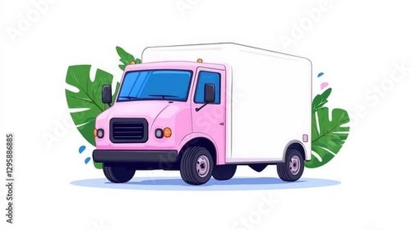 Obraz A pink delivery truck stands in front of tropical green leaves