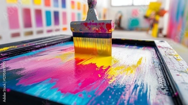 Fototapeta Vibrant screen printing action with squeegee creative studio artwork colorful environment close-up view
