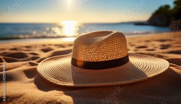 Obraz Close-Up of a Sun Hat Resting on a Sandy Beach, with Tiny Grains of Sand Sticking to the Fabric