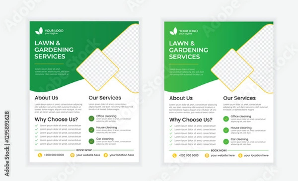 Obraz Lawn and gardening service flyer design template. Tree and gardening service poster leaflet design. lawnmower flyer template.
