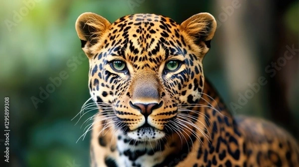 Fototapeta A leopard is staring at the camera with its mouth open. The leopard has a green eye and a black nose
