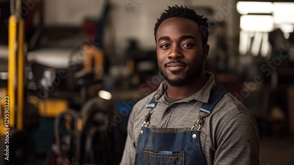 Fototapeta Confident young male mechanic in workshop smiling with tools, focused on craftsmanship, showcasing dedication and skill in a detailed automotive setting
