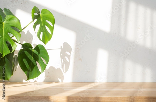Fototapeta Wooden table and tropical plant with soft sunlight shadows on blurred abstract texture white wall background