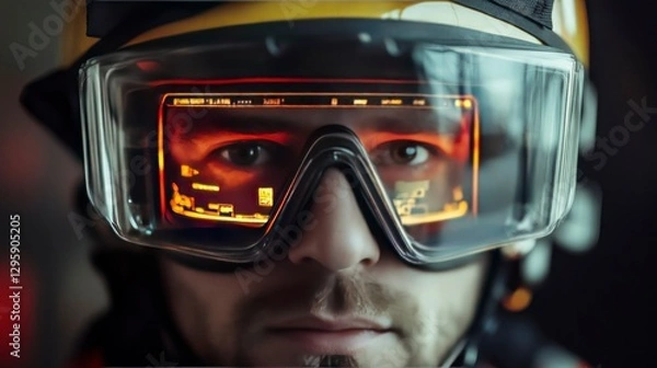Fototapeta Augmented reality firefighter goggles enhance safety training firefighting facility technology showcase indoor close-up view