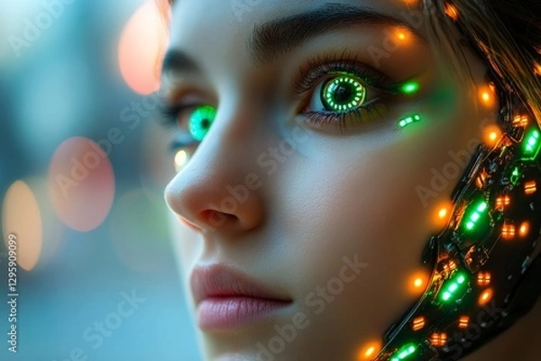 Obraz Futuristic portrait of a young woman with glowing cybernetic features in a vibrant urban setting at dusk