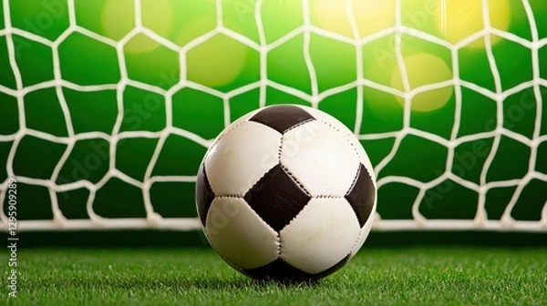 Fototapeta Close-Up of a Classic Black and White Soccer Ball Near Goal Net