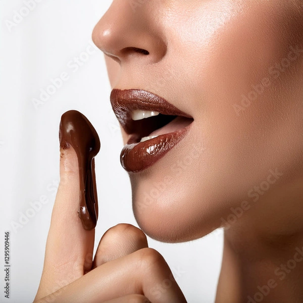 Obraz Closeup vom Gesicht einer Frau mit flüsser Schokolade am Zeigefinger.