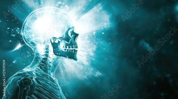 Fototapeta Ethereal Human Skeleton with Radiant Energy Emission in Cosmic Background for Science and Spirituality Concepts