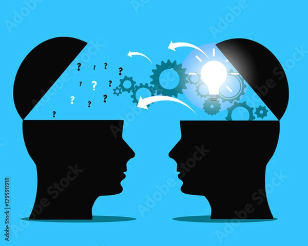 Obraz Knowledge or ideas sharing between two people head, transferring knowledge, innovation, brain storming concept