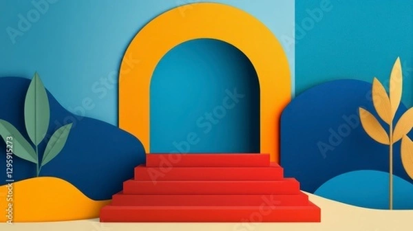 Fototapeta Abstract 3D Red Staircase Leading to Yellow Archway with Blue and Orange Background
