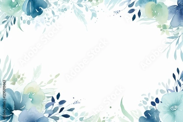 Fototapeta Green and light navy colors watercolor floral square frame on white background.