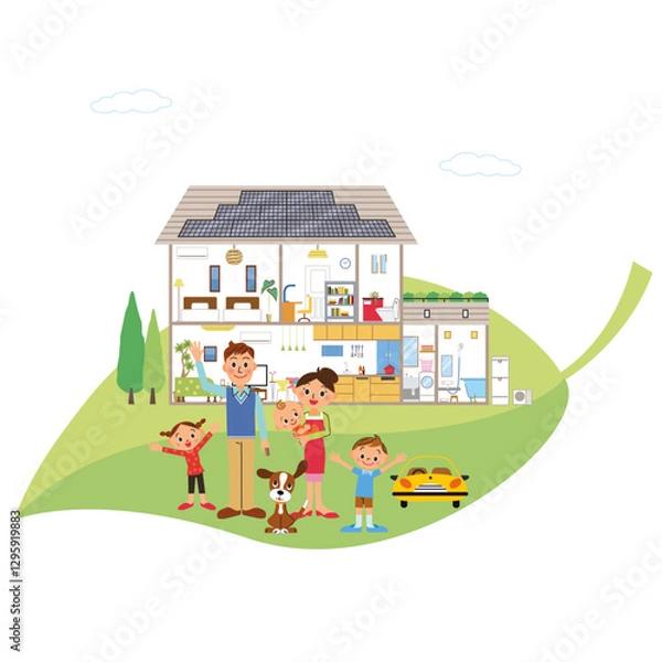 Fototapeta エコを意識して葉っぱの上に太陽光の家と家族が笑顔で手を振っているイラスト