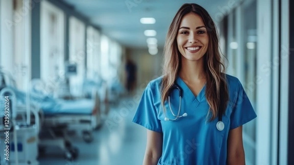 Fototapeta Smiling Female Medical Professional in Scrubs with Stethoscope in Hospital Corridor, Ready to Serve Patients and Make a Difference in Healthcare Environment