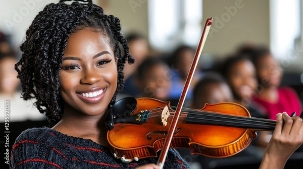 Fototapeta Young musician smiles while playing violin in a lively classroom setting surrounded by peers