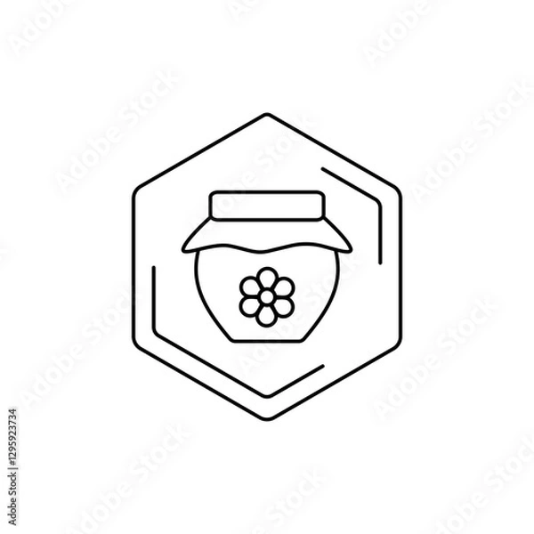 Fototapeta Honey jar icon with hexagonal outline in black and white. Vector black line pictogram. Tropical themes, pollen, field honey in a minimalistic style