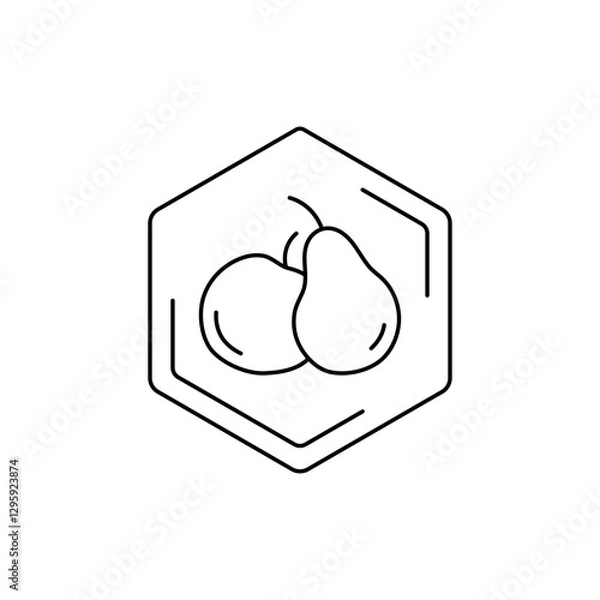 Fototapeta Pear and apple icon inside hexagonal frame on white background. Vector fruit black line pictogram. Tropical themes, fruits, pollen, field honey in a minimalistic style.