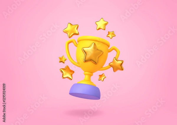 Fototapeta Champion cup with golden stars isolated on pink background. Clipping path included