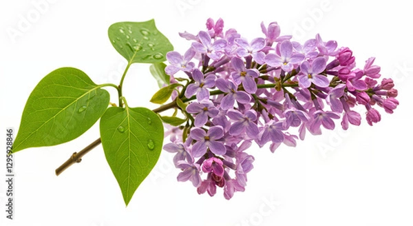 Fototapeta Isolated Spring lilac branch with water droplets, perfect for cut-out and clipping on a white background