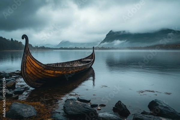 Fototapeta Majestic Viking ship resting on calm waters with misty mountains in the background at dawn