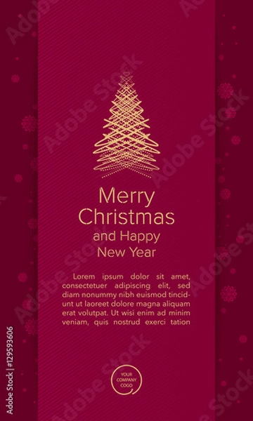 Fototapeta Merry Christmas greetings card with snowflakes, dark red background and golden geometric Christmas tree