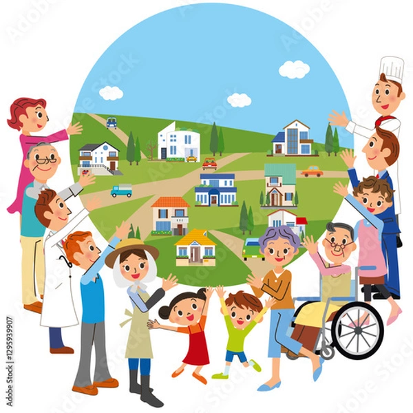 Obraz 街を支えてる住人が手で囲っているイラスト